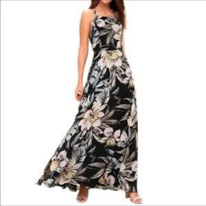 Lulus Love Abloom floral lace up black maxi dress